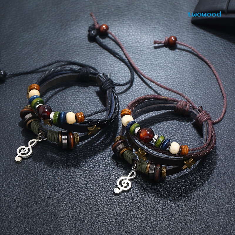 Duakayu Manik-Manik Kulit Asli retro Gelang Paduan Catatan Musik Gelang Kulit Sapi