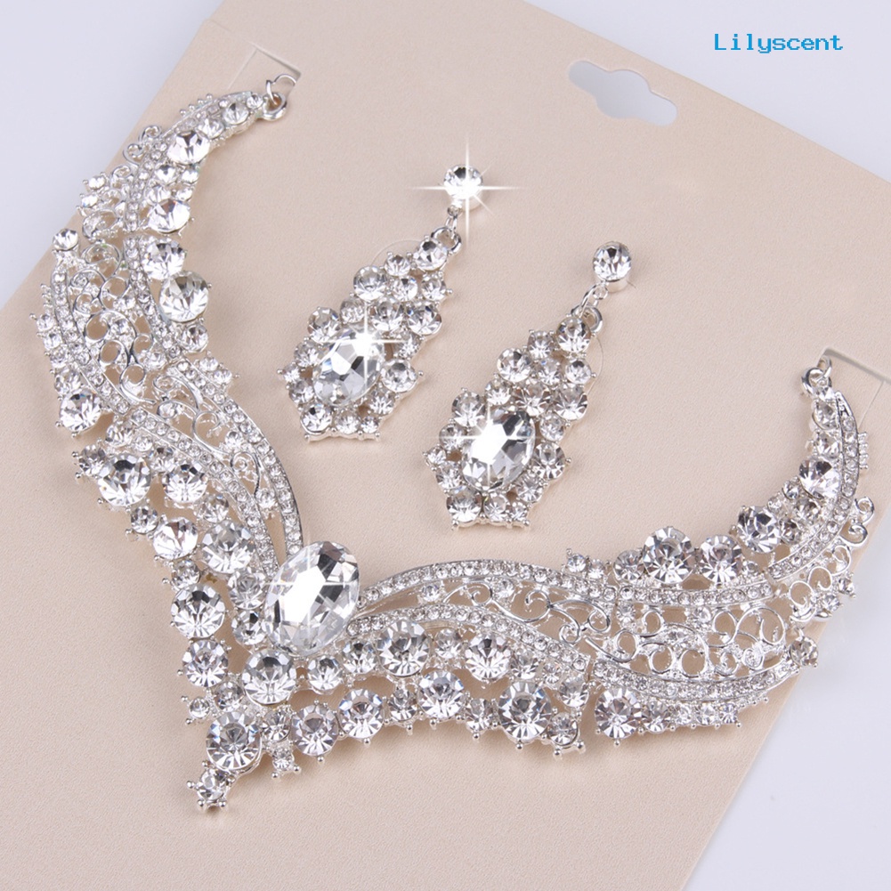 [LS]Wedding Bridal Queen Style Berlian Imitasi Sepenuhnya Mengkilap Kalung Anting Set Perhiasan