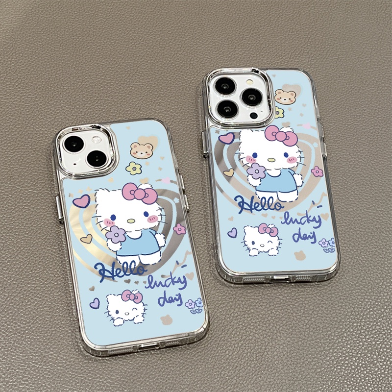 IPHONE Casing Ponsel Cermin Kucing Kitty Lucu Kompatibel Untuk Iphone11 12 13 14 12Pro 13Pro 14Pro Pro Max XR X XS Max Electroplating Tombol Perlindungan Mirror Cover