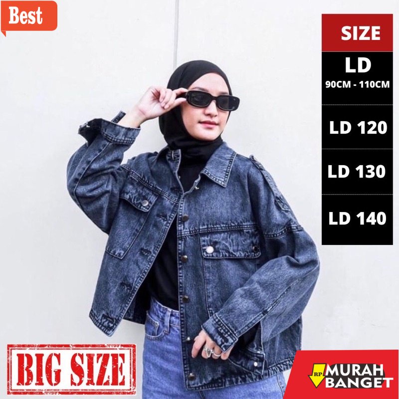 Jaket denim wanita terbaru- Jaket Jeans Wanita  Oversize Vintage Jaket Denim Lengan Balon LD 100-140