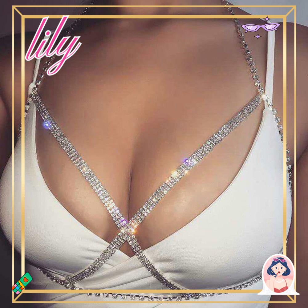 Lily Rantai Bracket Dada Kristal, Perhiasan Tubuh Tubuh Rantai, Pesona Mahkota Ratu Seksi Kalung Berlian Imitasi Emas Perak Untuk Wanita