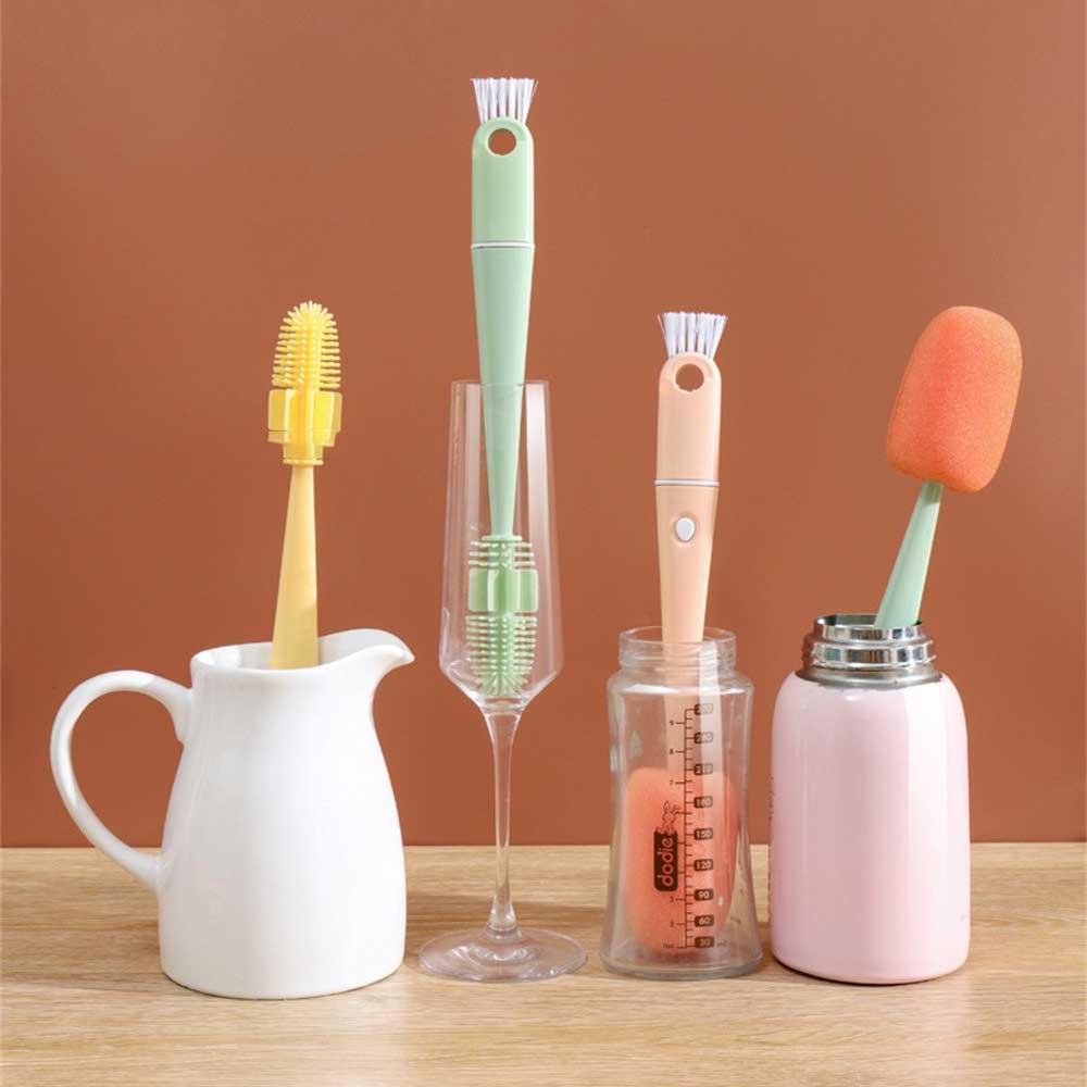 ღ 4in1 Silicone Sponge Cup Brush Rumah Tangga Sikat Pembersih Dapat Dilepas Gagang Panjang Genggam Portabel Multi-fungsi Sikat Celah Botol