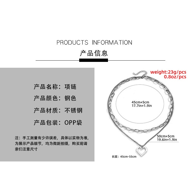 Mosaik Berbentuk Hati Baja Titanium Dua Lapis Kalung Perempuan Eropa Amerika ins Hip-Hop Unik Gaya Manis Keren Kalung Cinta Sederhana
