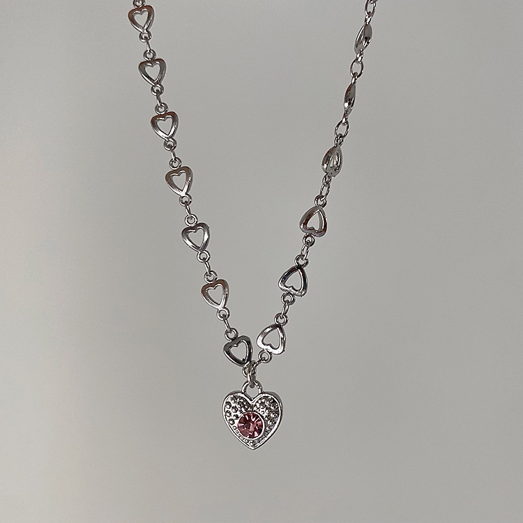 French Retro Metal Pink Love Pendant Necklace Perempuan Korea Niche Unik Sederhana All-Match Kalung Rantai Klavikula