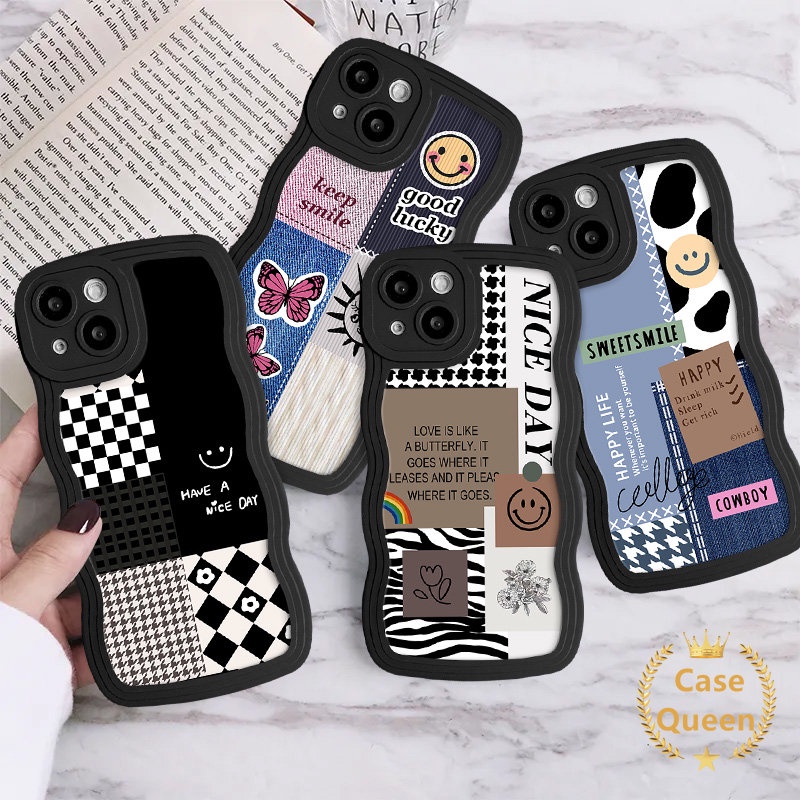 Houndstooth Diamond Pattern Lattice Splicing Flower Case Untuk Redmi 9C NFC A1 10A 12C 10C 9A 9C 10 9 9T Note9 10S 8 10 11 11s Lembut Bergelombang Tepi Pola Kupu-Kupu Splicing Penutup Senyum