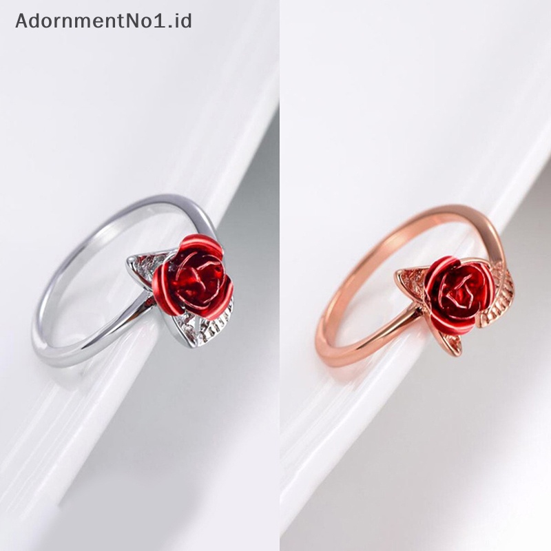 [AdornmentNo1] Bunga mawar merah daun cincin pembukaan untuk wanita bunga Fashion cincin jari yang dapat disesuaikan hari valene perhiasan pertunangan hadiah