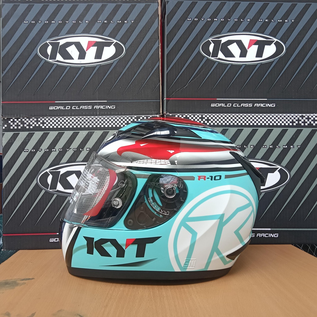 Helm Fullface KYT r10 Paket Ganteng Solid Motif Aqua Blue