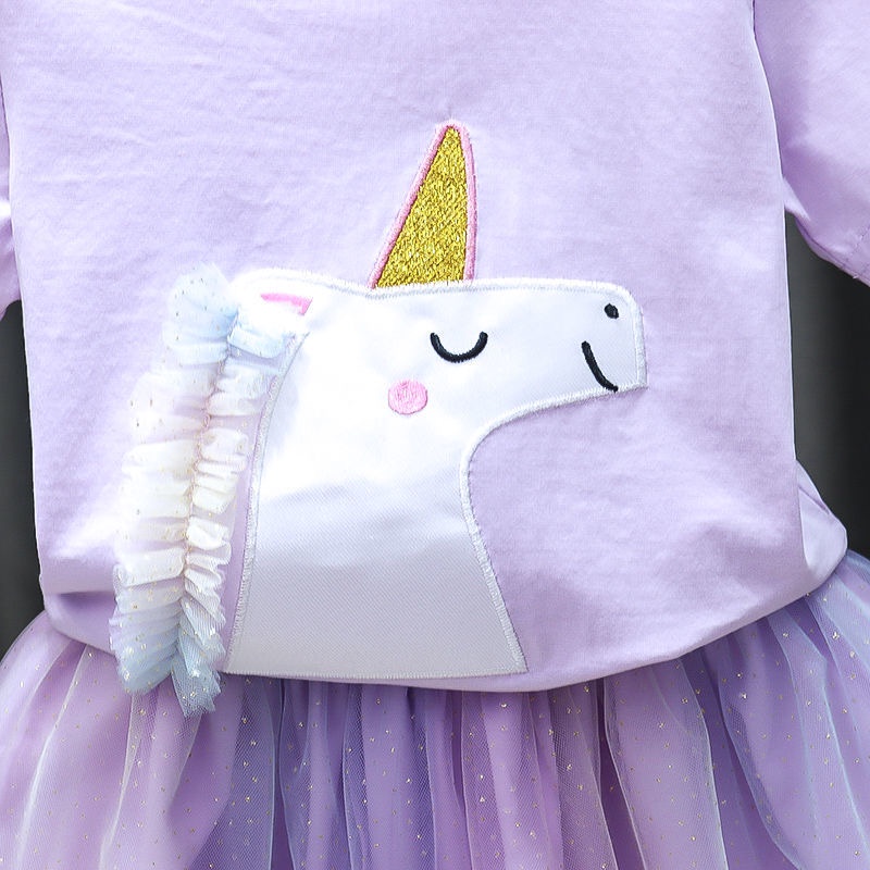 Setelan musim panas anak perempuan berusia 2-6 tahun / Pakaian anak perempuan versi Korea baru / Gaun putri jala set dua potong / Gaun unicorn