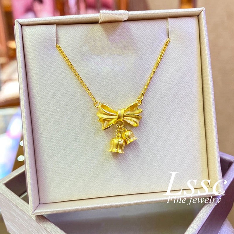 Kalung Titanium Anti Karat Bunga Pita Aesthetic Korea Cantik Emas 18K Aksesoris Wanita Perhiasan