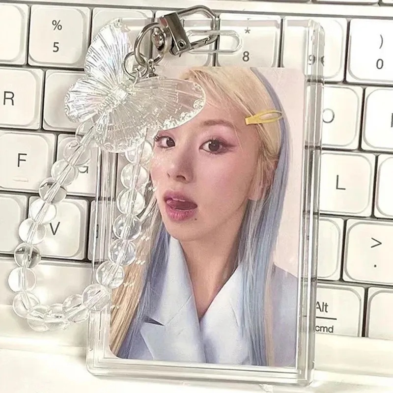 Transparan Penutup Kartu Bus Perlindungan Kristal Kupu-Kupu Manik Rantai Portabel Foto Lengan Ins Gaya Split Keyring Student Card Case Idol Photocard Card Holder DIY Insert Photoes