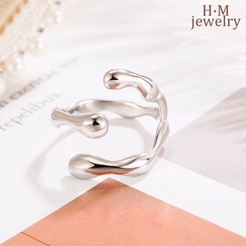 S925 Perak Baru Manis Berliku Cincin Mutiara Retro Bergaya Tetesan Air C-Shaped Open Ring