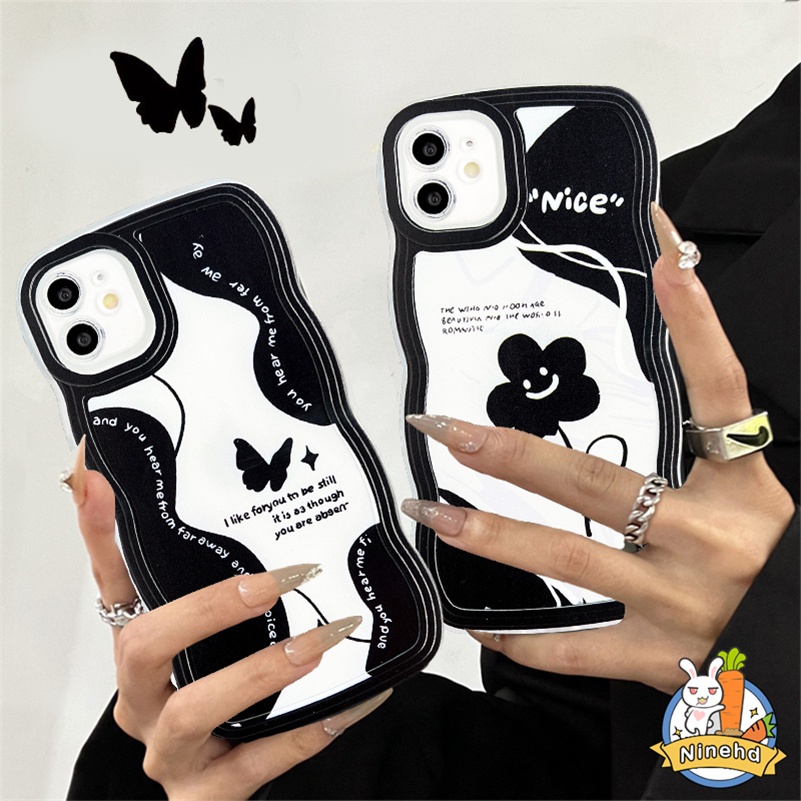 IPHONE Fashion Retro Fantasi Hitam Kupu-Kupu Bergelombang Tepi Casing Ponsel Kompatibel Untuk Iphone14 13 12 11 Pro Max X Xr Xs Max8 7 6 6s Plus SE Kamera Penuh Pelindung Shockproof Case Back Cover