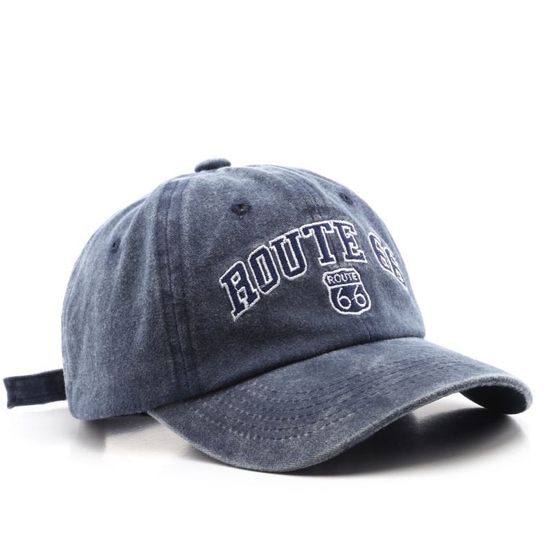 Baseball Cap Model Wash Denim Luntur Bordir Route 66 Katun Keren Outdoor