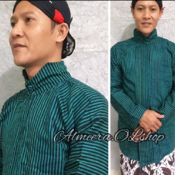 baju Jawa Surjan lurik lurik hijau tosca dan merah abu" - Hitam, M