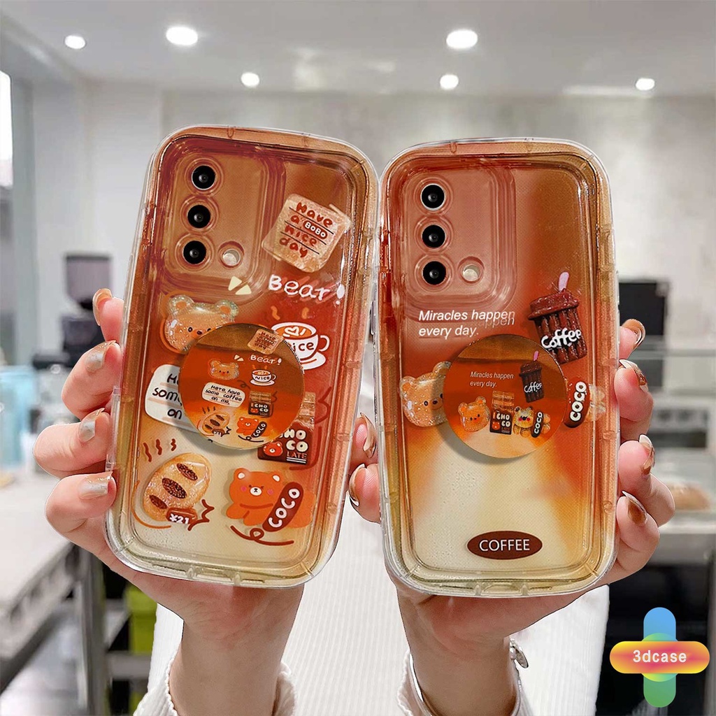 Soft Case OPPO Reno 7 7Z 8Z 5 4 6 8 A57 A55 A57S A57E A7 A17 A17K A5 A9 A31 A53 A33 2020 A77S A15 A54 A5S A3S A76 A96 A16 A95 A12 A12S A1K A16E A16K A54S  5F 5K 4F 4 5 06 Lite A74 A15S A52 Gradual Cartoon Coffee Bear Transparent Soap Case With Stand