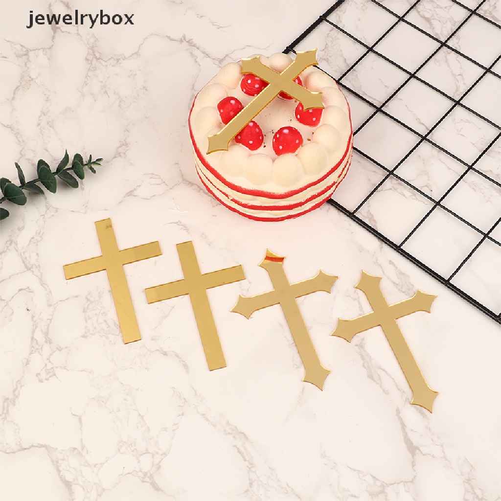 [jewelrybox] 5pcs 10 * 7cm Akrilik Salib Emas Topper Perjamuan Pertama Minimalis Sisipan Kue Butik