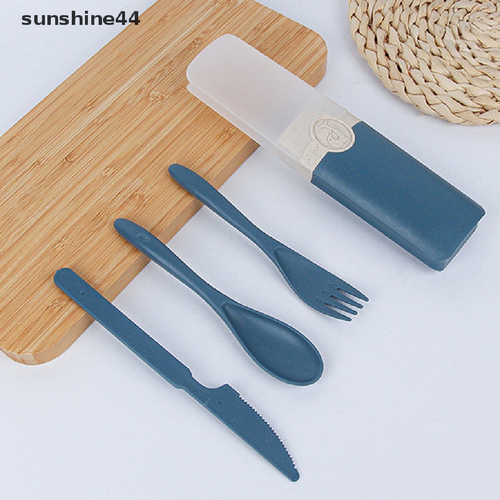 Sunshine Portable Reusable Spoon Fork Travel Piknik Wheat Straw Set Peralatan Makan Dengan Kotak ID