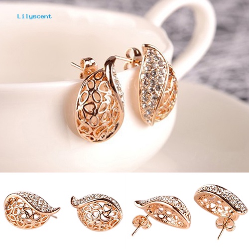 Lilyscent 1pasang Fashion Wanita/'s Lady Berongga Daun Berlian Imitasi Ear Stud Earrings Golden Tone