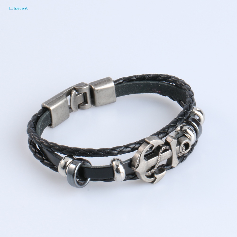 Lilyscent Pria Vintage Logam Jangkar Baja Bertabur Surfer Kulit Imitasi Bangle Cuff Gelang