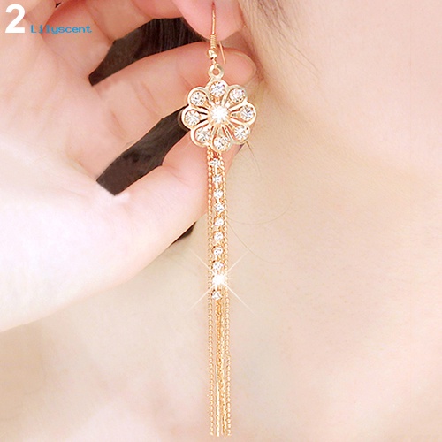 Lilyscent Wanita Pernikahan Linear Anting Bunga Mempesona Berlian Imitasi Rumbai Menjuntai Ear Hook