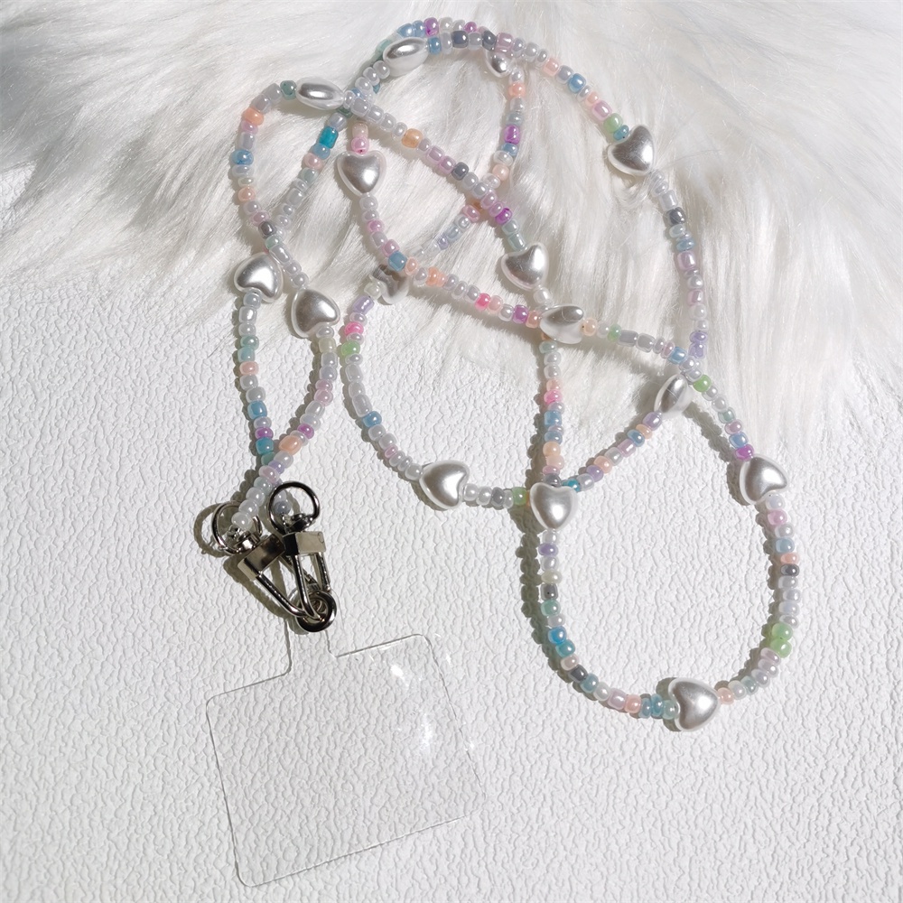 Beige Jantung Bahu Messenger Ponsel Rantai Panjang Anti-Hilang Akrilik Warna-Warni Manik Gantungan Kunci