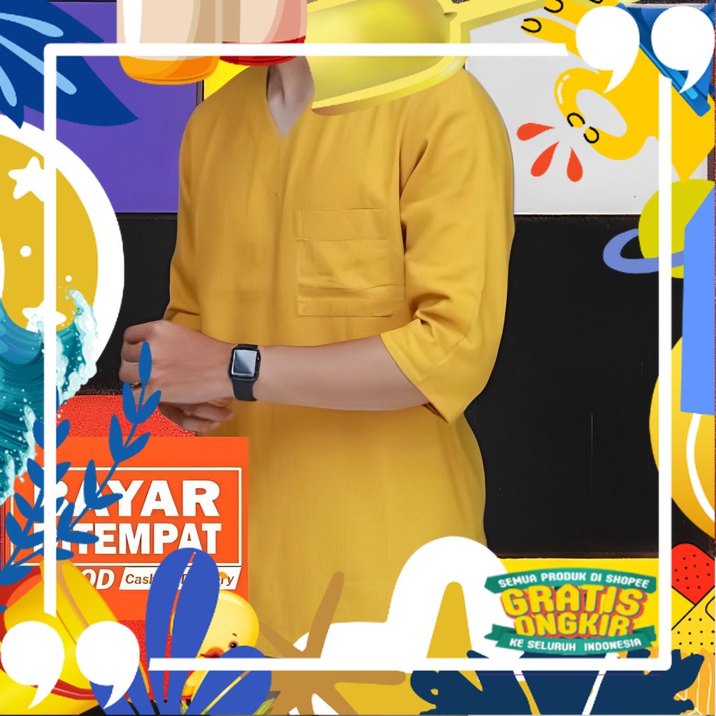 Koko Qurta Pria Kerah V-neck Lengan 3/4 Terbaru Fashion Koko Polos Pria Tanpa Kerah Size Jumbo Kekin