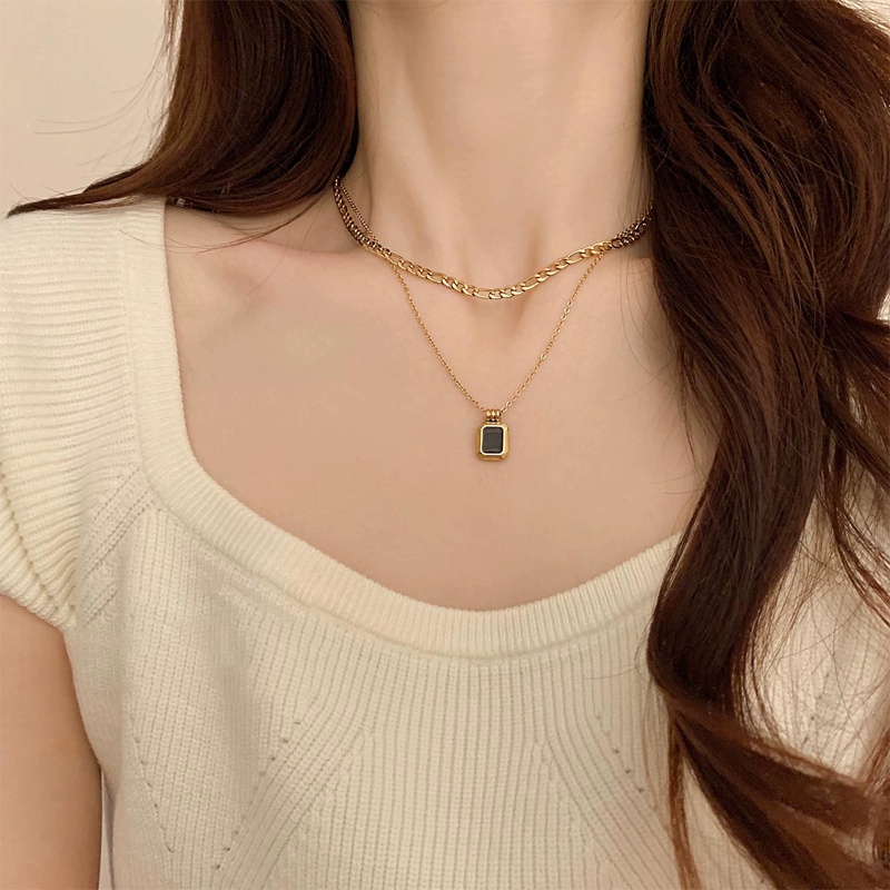 Papaozhu Retro Rantai Ganda Hitam Persegi Liontin Emas Kalung Untuk Wanita Gadis Temperamen Geometris Keringat Rantai Bergaya Leher Perhiasan