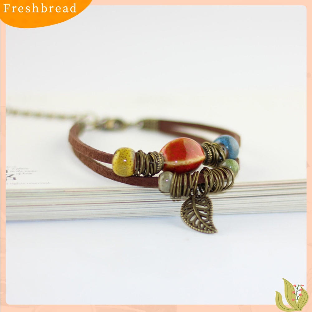 &lt; Freshbread &gt; Bohemian Wanita Double Layer Leaf Charm Ceramics Beads Gelang Tali Kulit Imitasi