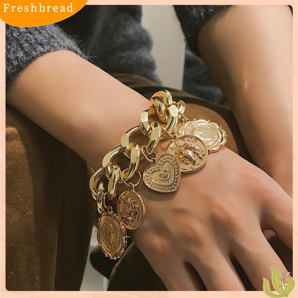 &lt; Freshbread &gt; Hip-Hop Wanita Timbul Cinta Hati Menjuntai Liontin Rantai Gelang Bangle