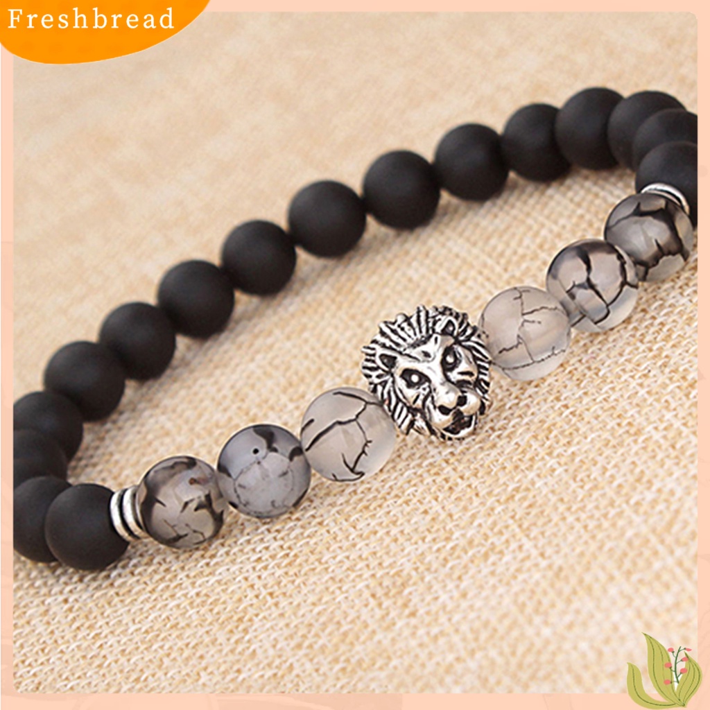 &lt; Freshbread &gt; Charm Gelang Elastis Adjustable Frosted Stone Silver Lion Beaded Cuff Bracelet Untuk Pakaian Sehari-Hari