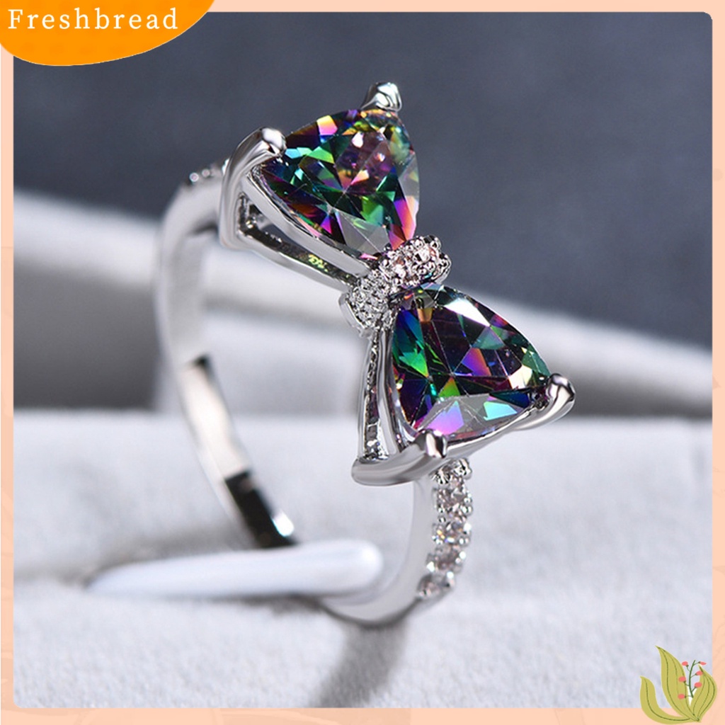 &lt; Freshbread &gt; Wanita Cincin Aesthetic Bow-knot Shiny Rhinestone Bertatahkan Sparkling Hias Hadiah Valentine Berwarna Cubic Zirconia Jari Telunjuk Cincin Perhiasan Aksesori Busana