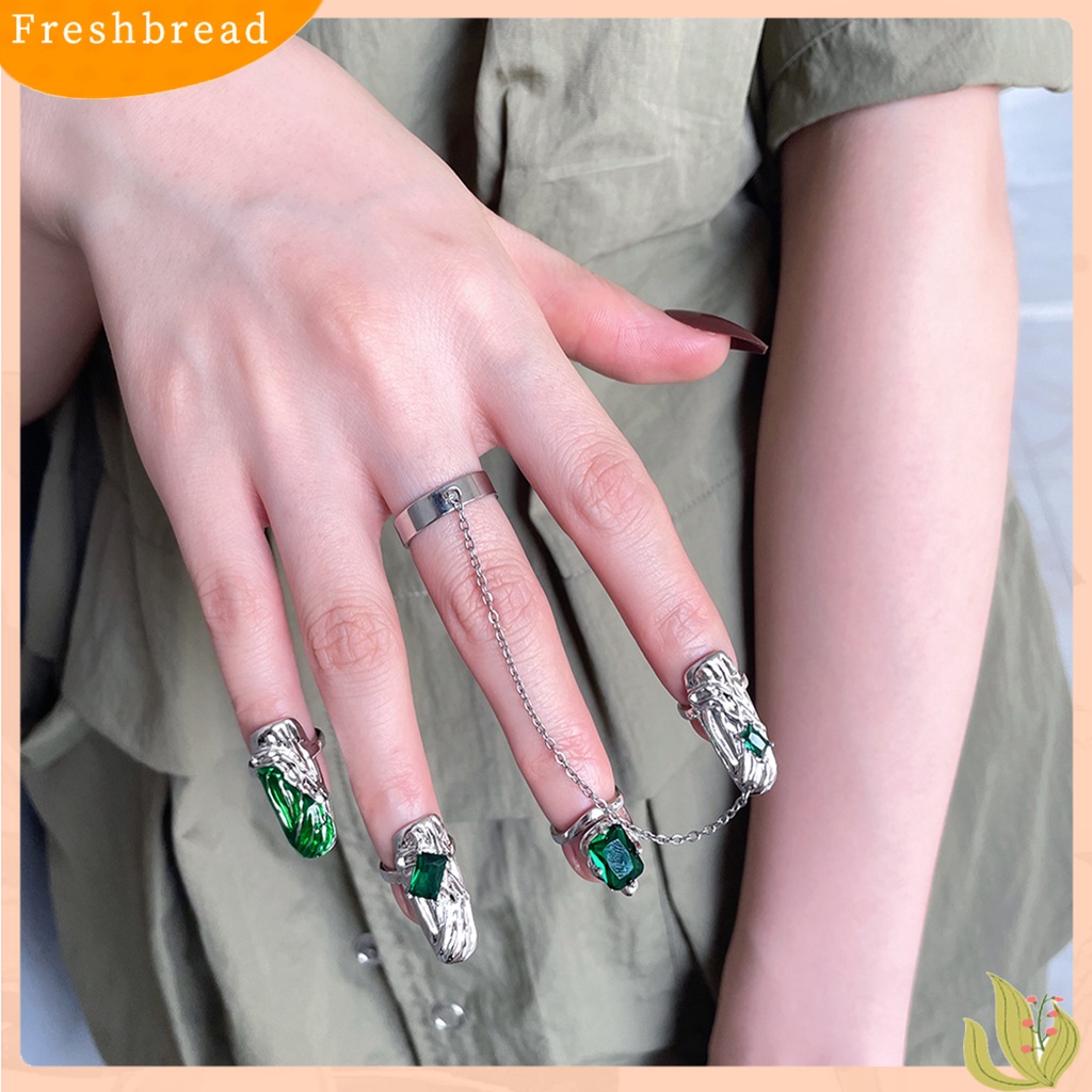 &lt; Freshbread &gt; 4Pcs Cincin Kuku Permata Imitasi Hijau Dress Up Perhiasan Pembukaan Adjustable Finger Rings Untuk Club