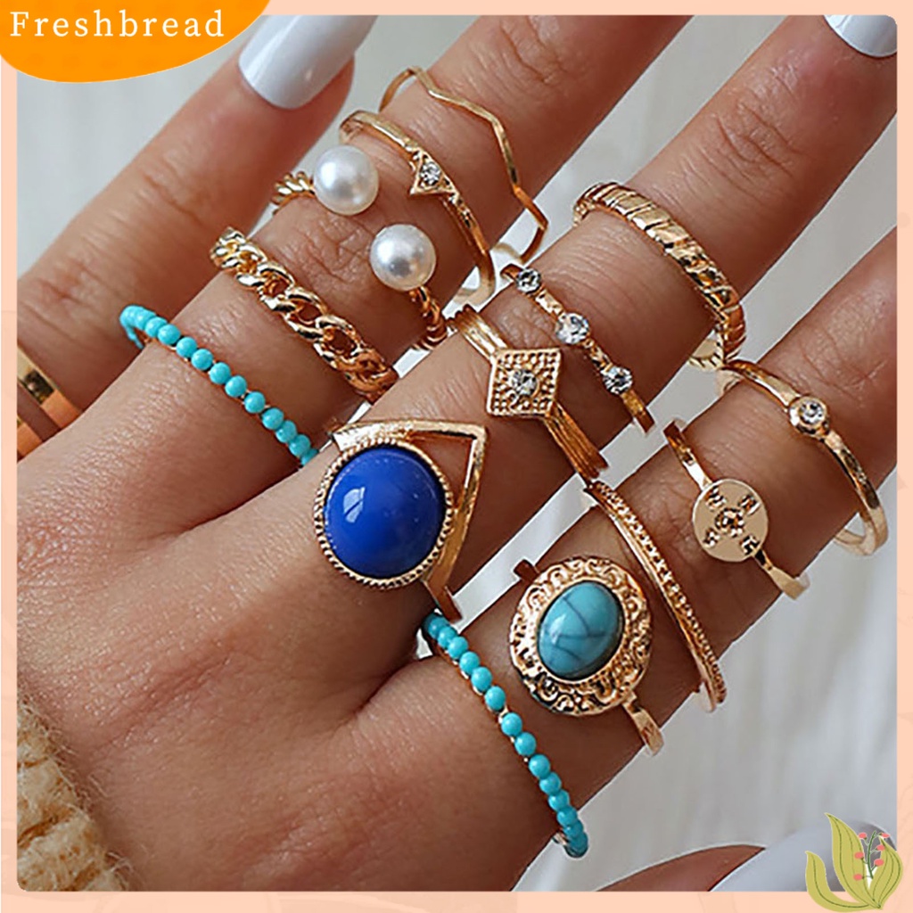 &lt; Freshbread &gt; 15 Pcs Turquoise Faux Pearls Decor Knuckle Rings Wanita Vintage Bersinar Jari Cincin Aksesoris Perhiasan