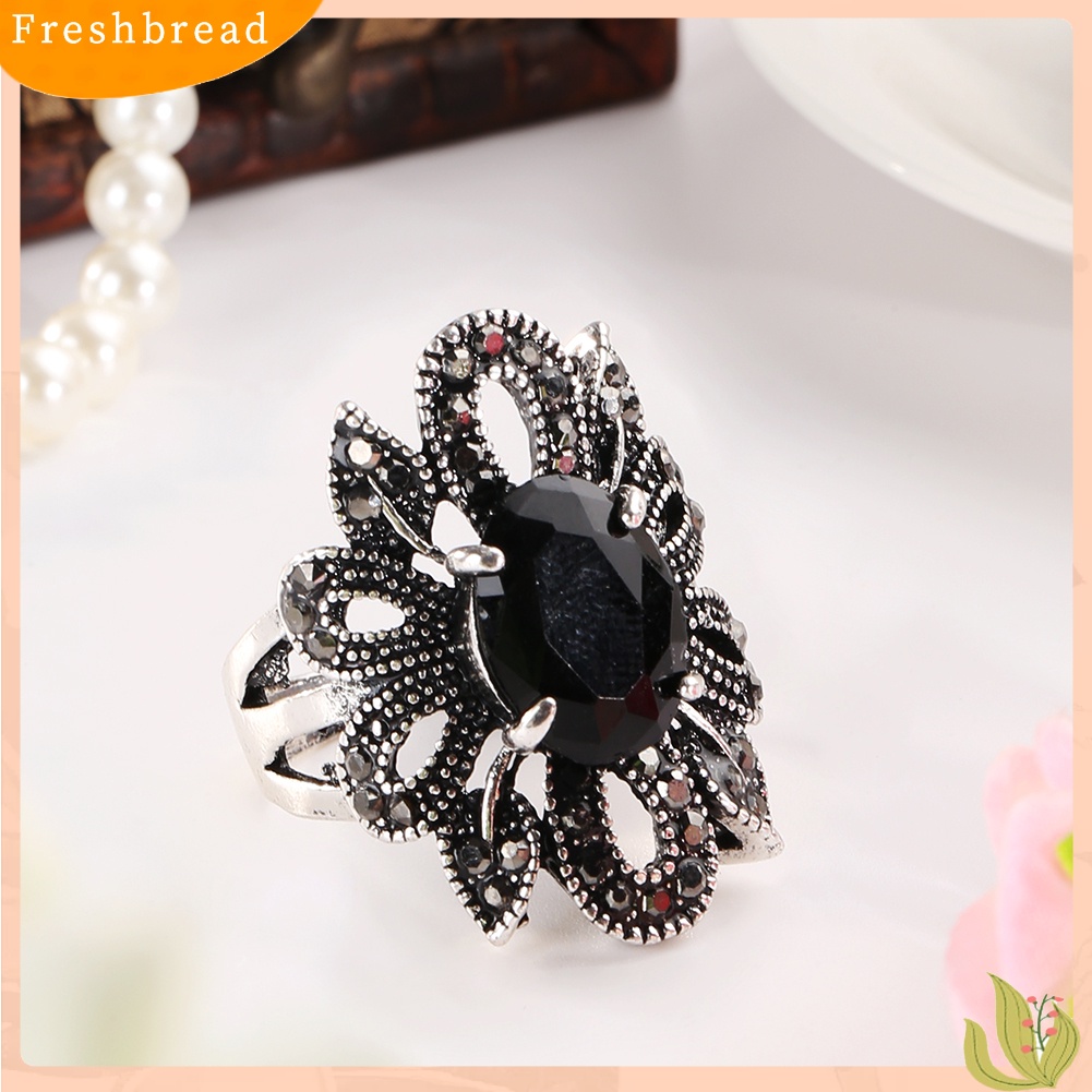 &lt; Freshbread &gt; Wanita Vintage Berongga Pola Bunga Cincin Berlapis Paduan Resin Jari Perhiasan Hadiah