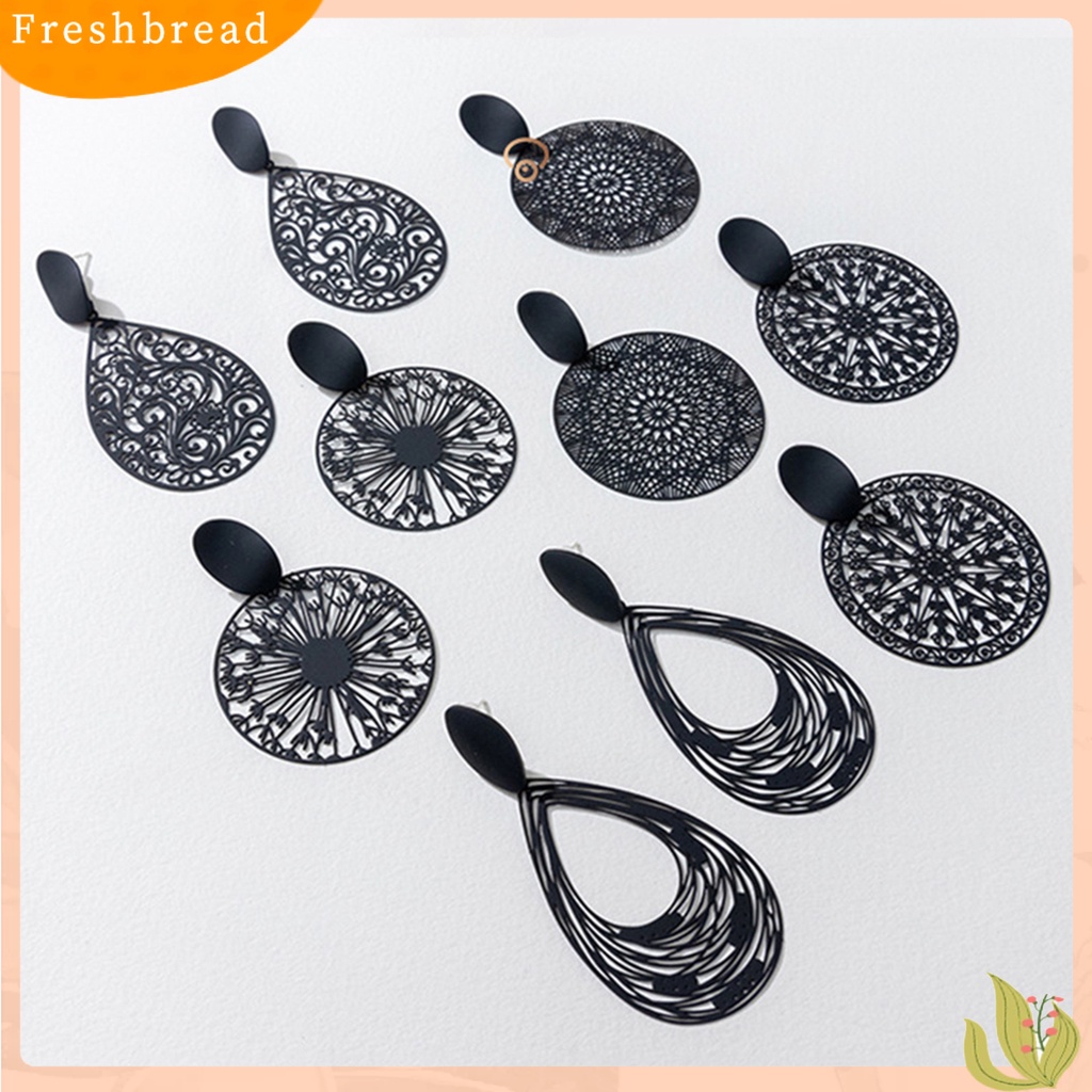 &lt; Freshbread &gt; 1pasang Menjuntai Anting Berongga Keluar Matt Hitam Retro Kerawang Stud Earrings Perhiasan Hadiah