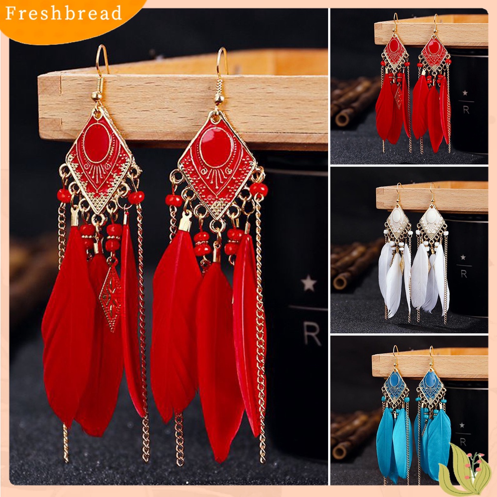 &lt; Freshbread &gt; 1pasang Anting Kait Bohemian Tetes Minyak Geometris Persegi Panjang Liontin Temperamen Dekorasi Elegan Bulu Buatan Rumbai Menjuntai Anting Aksesoris Kostum