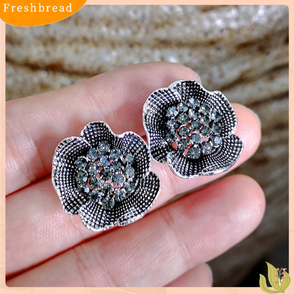 &lt; Freshbread &gt; Vintage Wanita Berlian Imitasi Hias Bunga Mawar Bentuk Stud Earrings Perhiasan Hadiah