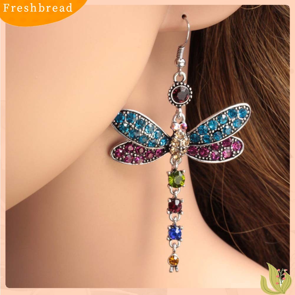 &lt; Freshbread &gt; Retro Wanita Berlian Imitasi Hias Capung Berbentuk Pesona Kait Anting Perhiasan Hadiah