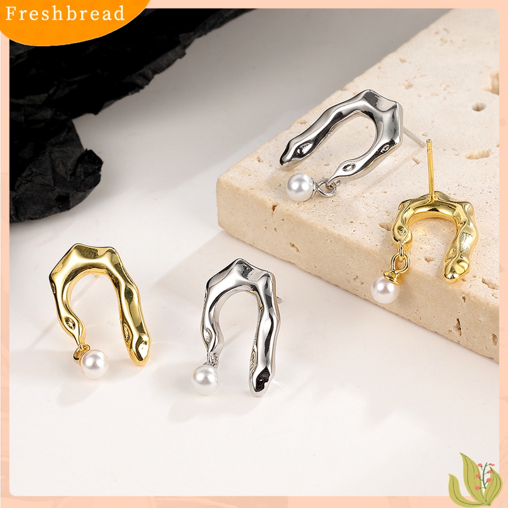 &lt; Freshbread &gt; 1pasang Ear Studs Geometric Irregular Electroplating High Polished Faux Pearl Hias Hypoallergenic Asimetris Wanita Modern Stud Earrings Perhiasan Aksesori