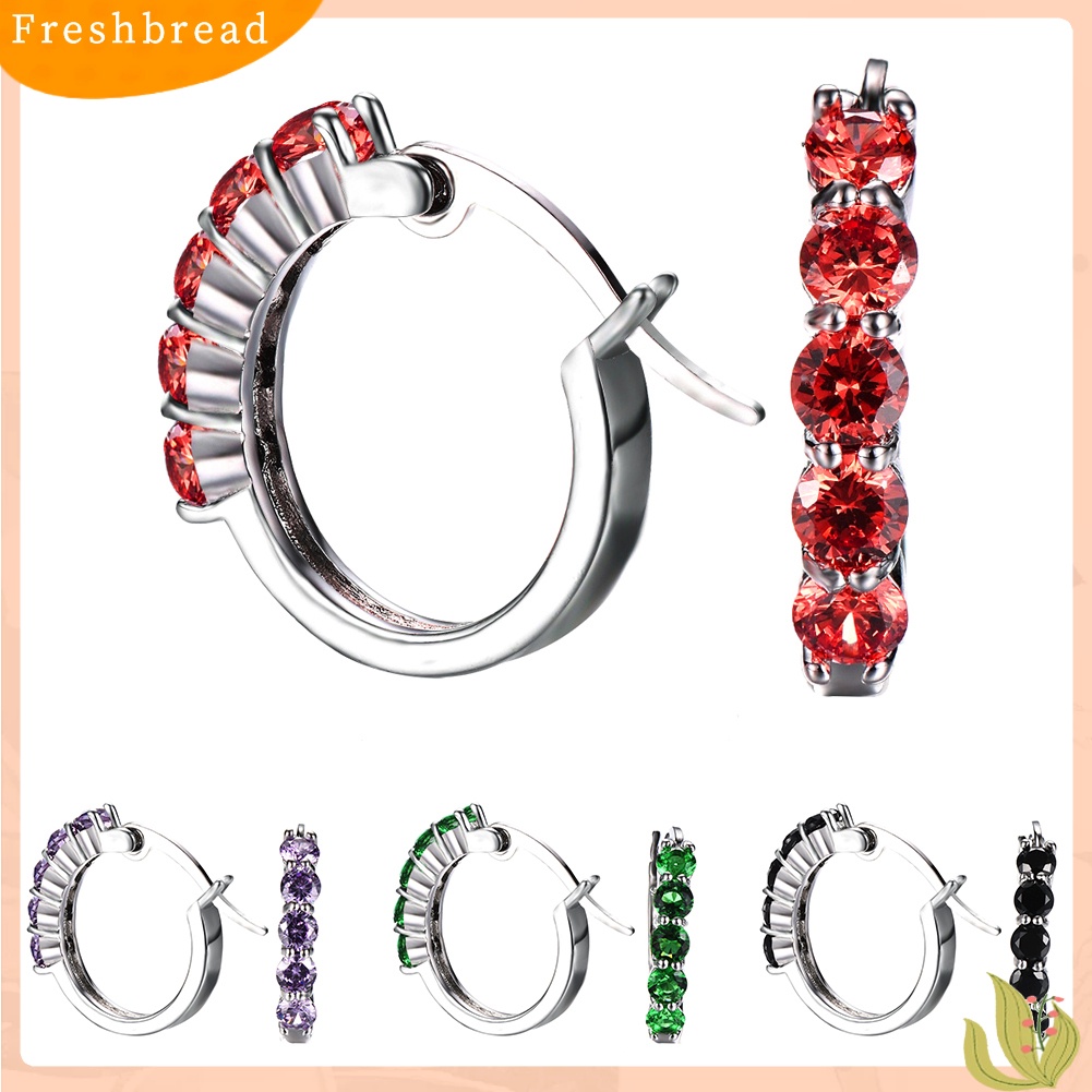 &lt; Freshbread &gt; Wanita Potongan Bulat Cubic Zirconia Hias Perak Disepuh Huggie Earrings Perhiasan Hadiah