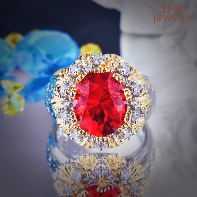 S925 Perak Vintage Brushed Bertekstur Ukir Emas Ruby Cincin Gaya Antik Two-Tone Gold Crowns Ornament