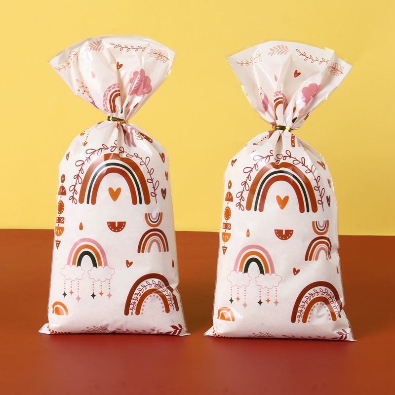 50pcs Pola Bohemian Kekinian Kemasan Tas Dengan Dasi Snack Cookie Candy Bag Rainbow Kantong Plastik Perlengkapan Pesta Dekorasi Meja Ulang Tahun Pernikahan Party Decor