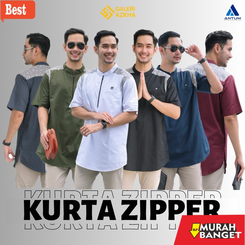 KEMEJA BUAT LEBARAN UNTUK PRIA TERBARU- Kurta Zipper ANTUM Modern Motif Lengan Pendek Koko Muslim ma