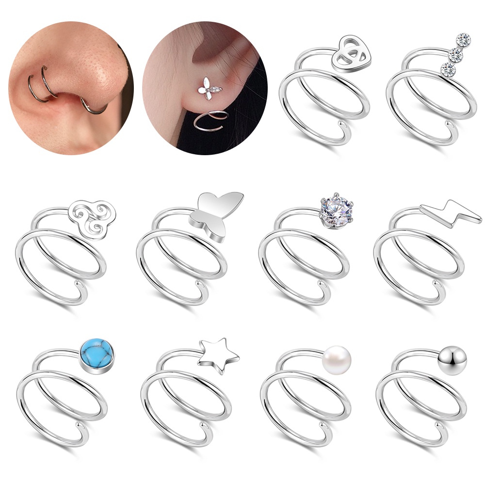 1pc Stainless Steel Lapisan Ganda Tindik Hidung Kupu-Kupu Kristal Hidung Memutar Cincin Hoop Anting Tindik Tulang Rawan Telinga