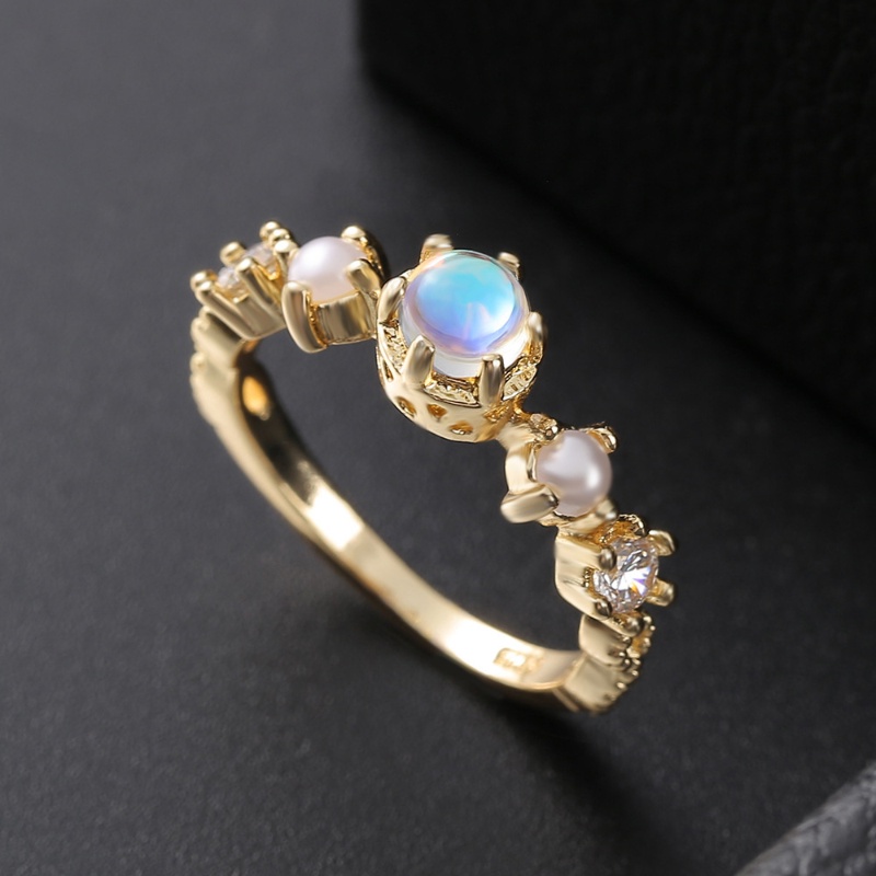 Goldkingdom Aksesoris Perhiasan Fashion Ready Stock Cincin Mutiara Moonstone Putih Berlapis Emas Cincin Pertunangan