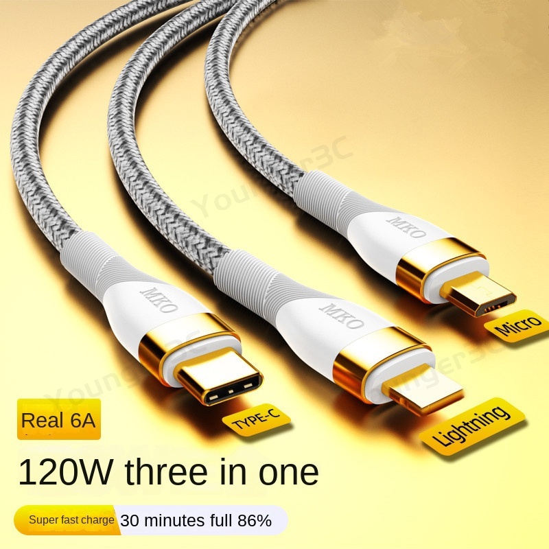 40menit Penuh 120W 6A Kabel Pengisian Super Cepat 3in1 Jalur Data Pengisian Flash Lapis Emas Untuk Iphone Tipe C Android