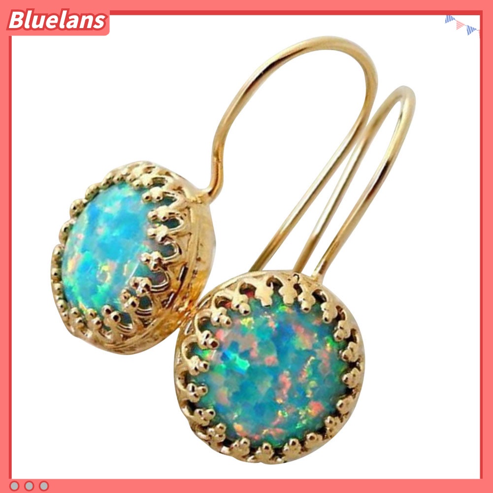 {In Stock} Vintage Wanita Multicolor Bulat Imitasi Opal Ukir Menjuntai Kait Anting Perhiasan