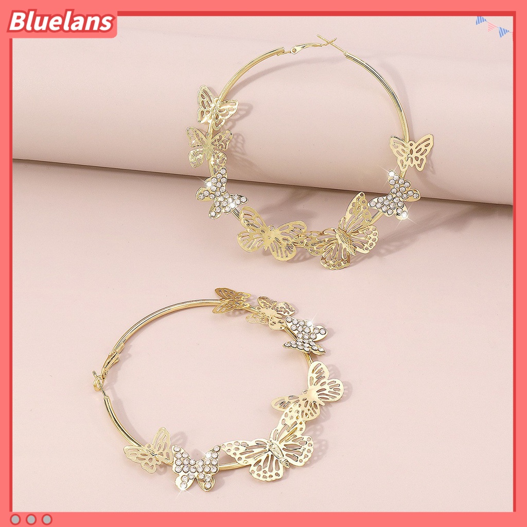 {In Stock} 1pasang Anting Hoop Vintage Geometris Berlebihan Berlian Imitasi Mengkilap Hias Dekorasi Hadiah 3D Berongga Keluar Kupu-Kupu Wanita Anting Lingkaran Untuk Perjamuan