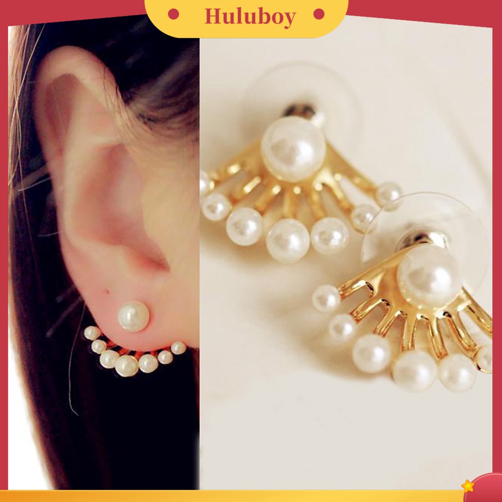 {Ready Stock} 1pasang Anting Perhiasan Dua Sisi Mutiara Imitasi Wanita Anting Stud Depan Belakang Untuk Festival