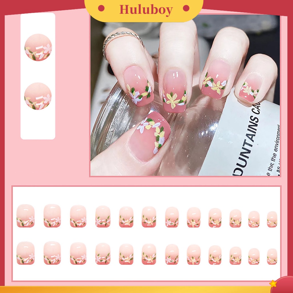 {In Stock} 24Pcs/Set Dilepas Mid-Length Full Cover Kuku Palsu Dengan Lem Gradien Pola Bunga Pink Nail Art Patch Aksesoris Kuku